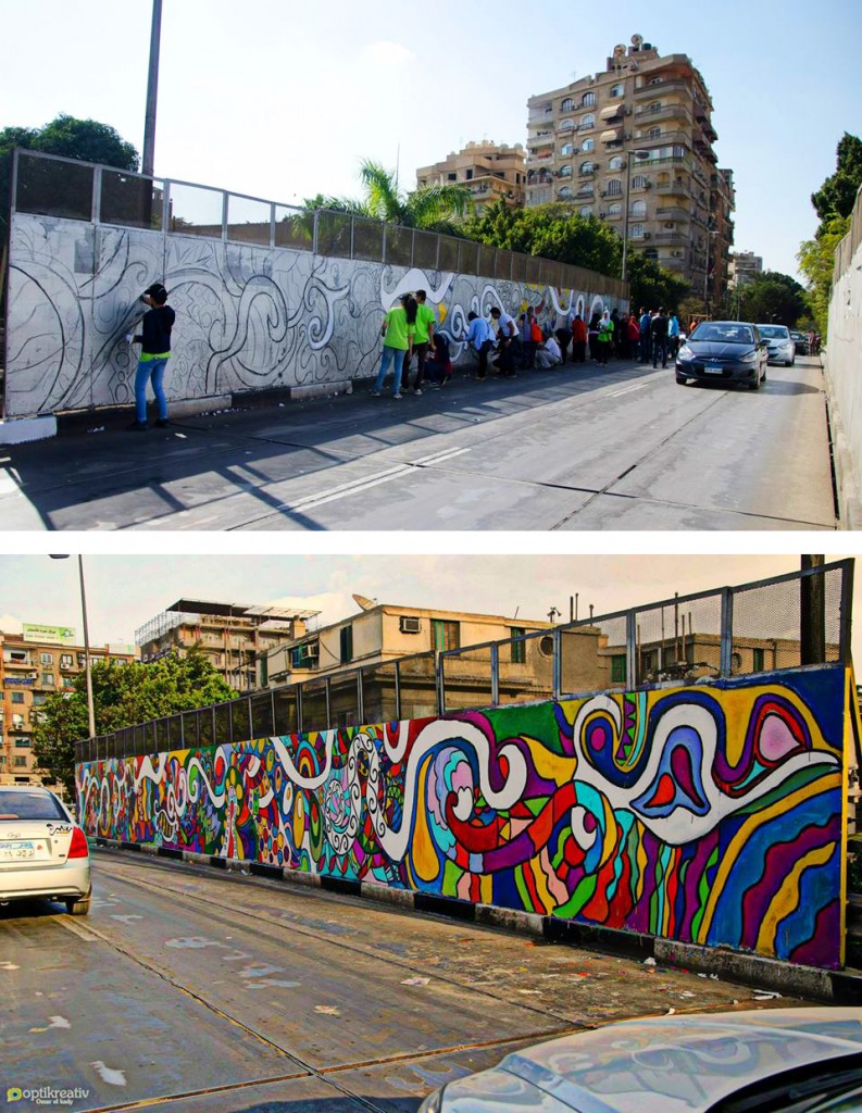 A Wall of the Fārūq Bridge in Ma`ādī Painted in Partnership with Cairo Dish Painting Initiative (Source: Coloring a Grey City Facebook page, 2014)