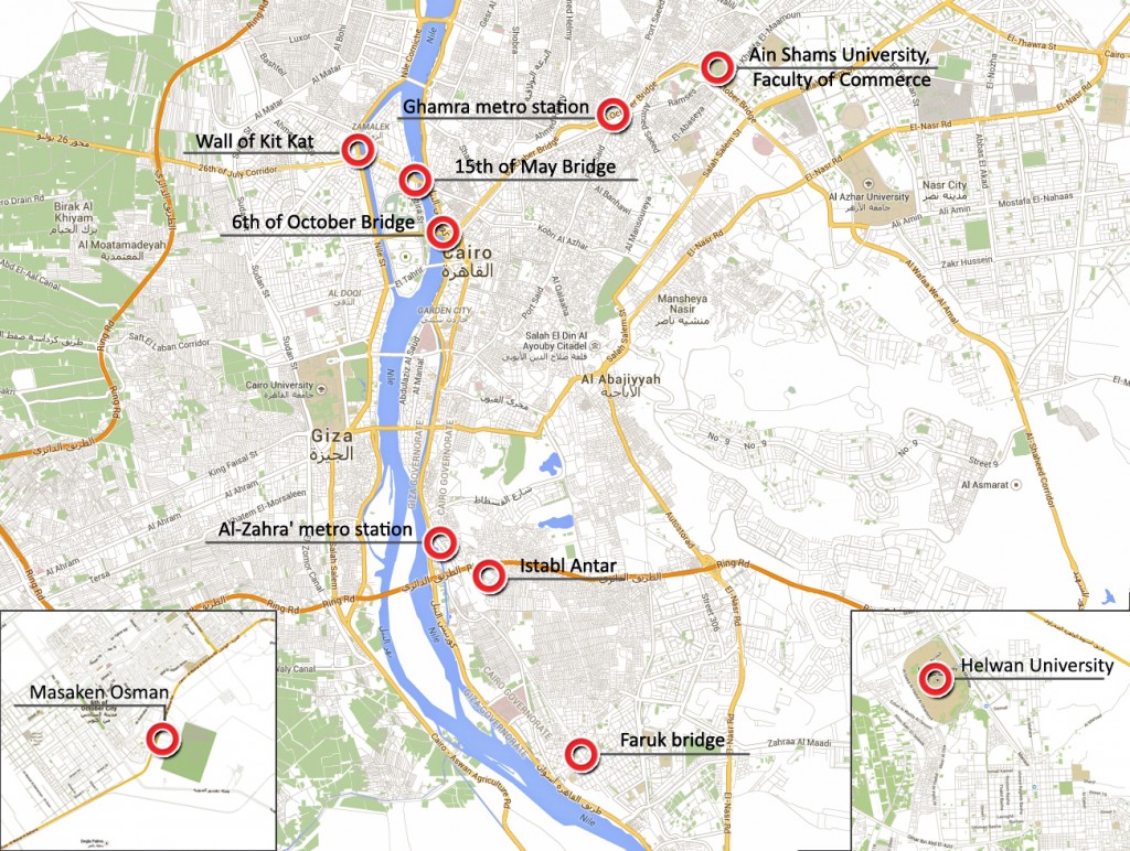 Locations of Coloring the Grey City’s paintings (Tadamun, 2014)