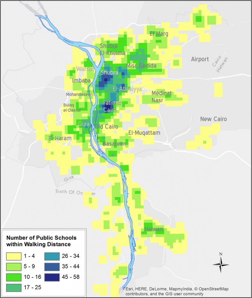 Number of Public Schools within Walking Distance in the Greater Cairo Region, 2006. (Source: CAPMAS)