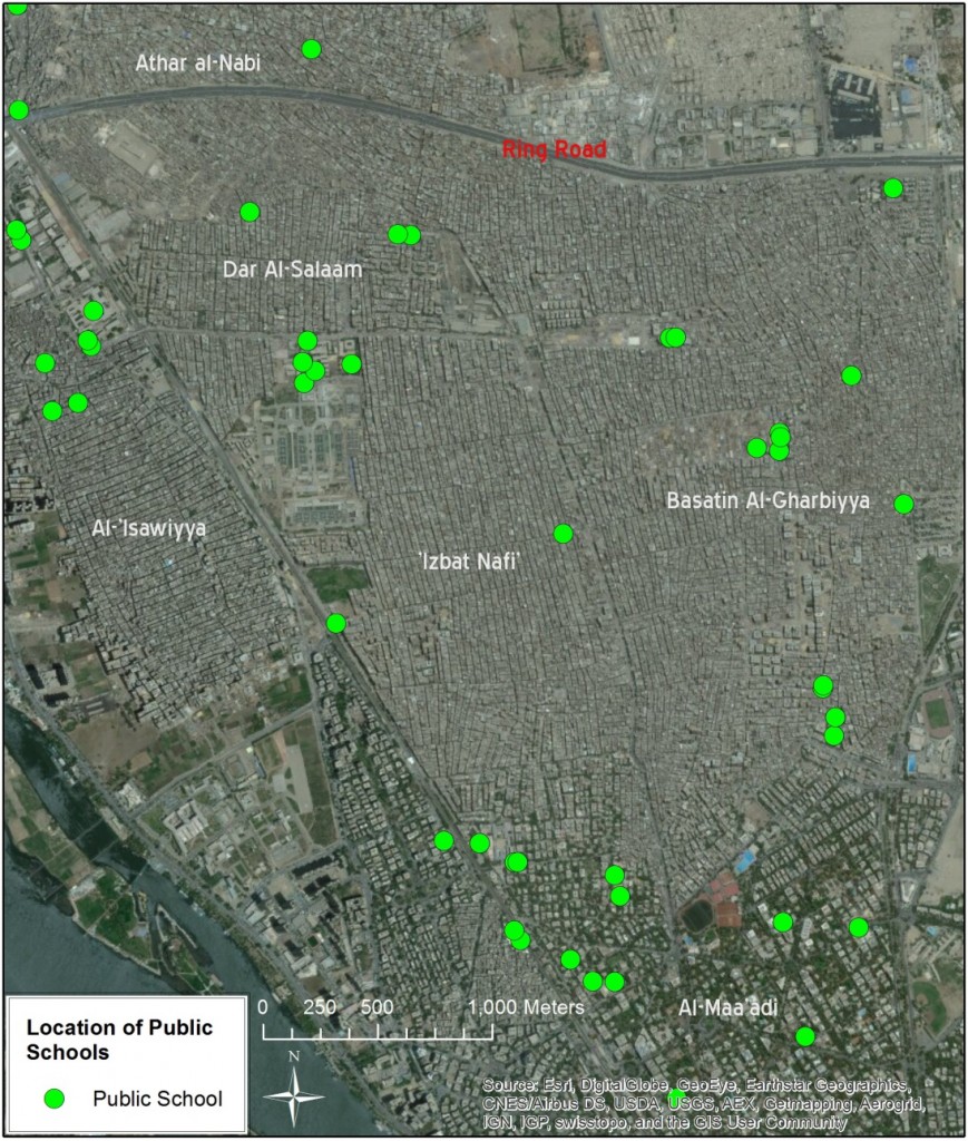 Location of Public Schools in ‘Izbit Nāfi’ / Dar Al-Salām / Wist Basātīn. (Source: Public school locations – GOPP)