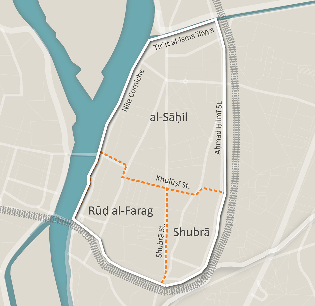 The administrative divisions between Shubrā, Rawḍ al-Farag and al-Sāḥil follow the main thoroughfares of Shubrā Street, Rawḍ al-Farag Street and al-Khulūṣī Street