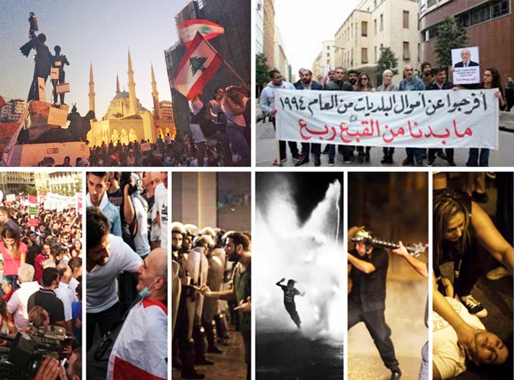 Top Left: The Statue of Martyrs serves as a mouthpiece to voice the demands of the demonstrators. Photo Credit: Sara Salman  Top right: Demonstrators demand that the money the government owes to the Independent Municipal Fund since 1994 be returned to the Fund. Photo credit: Annahar Newspaper. Bottom: Protestors met with state violence.  Photo credit: You Stink official Facebook page 