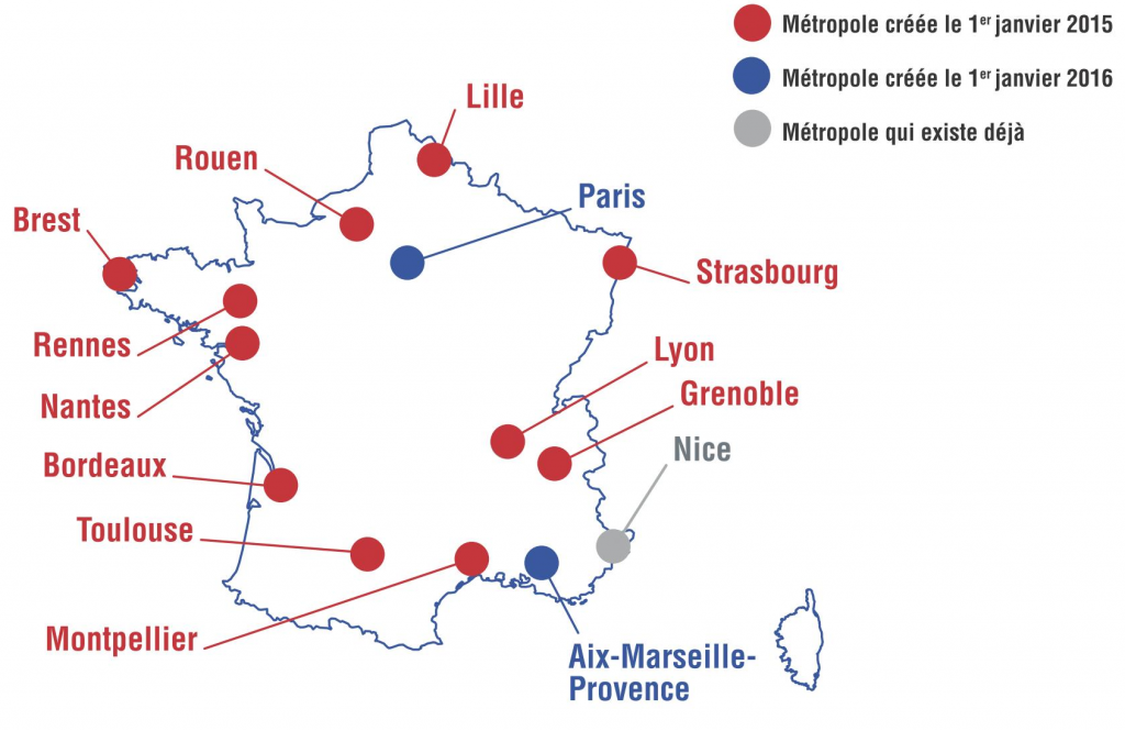 13 مدينة كبرى (باللونين الأحمر والأزرق) تم إنشاؤها بواسطة قانون 27 يناير 2014 (الموقع الرسمي للحكومة الفرنسية،2014)