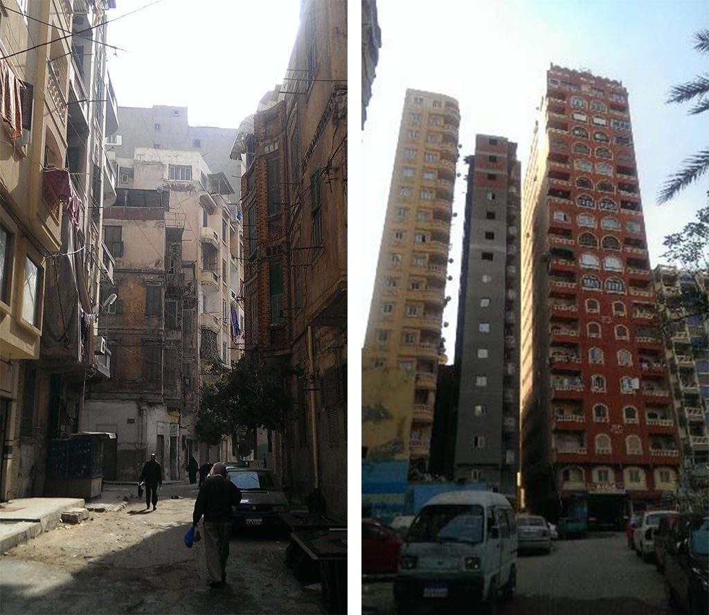 A comparison between the old buildings of the area (left) and new high-rise buildings (right) (Soure: Author)