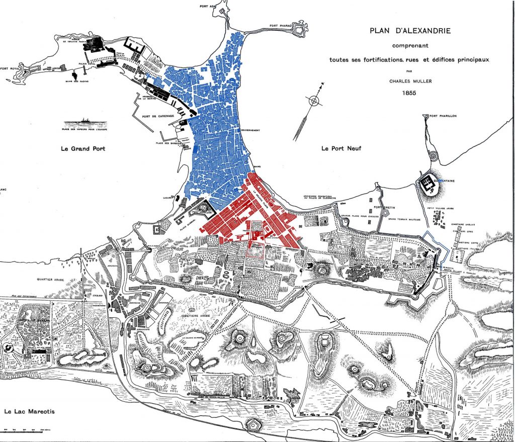 Figure 4. Map showing the segregation between the Turkish Town (in blue) and the European quarter (in red), with Charles Muller’s 1855 map of Alexandria as a base map. (Source: Gustav Jondet, Atlas Historique de la ville et des ports d’Alexandrie, 1921)