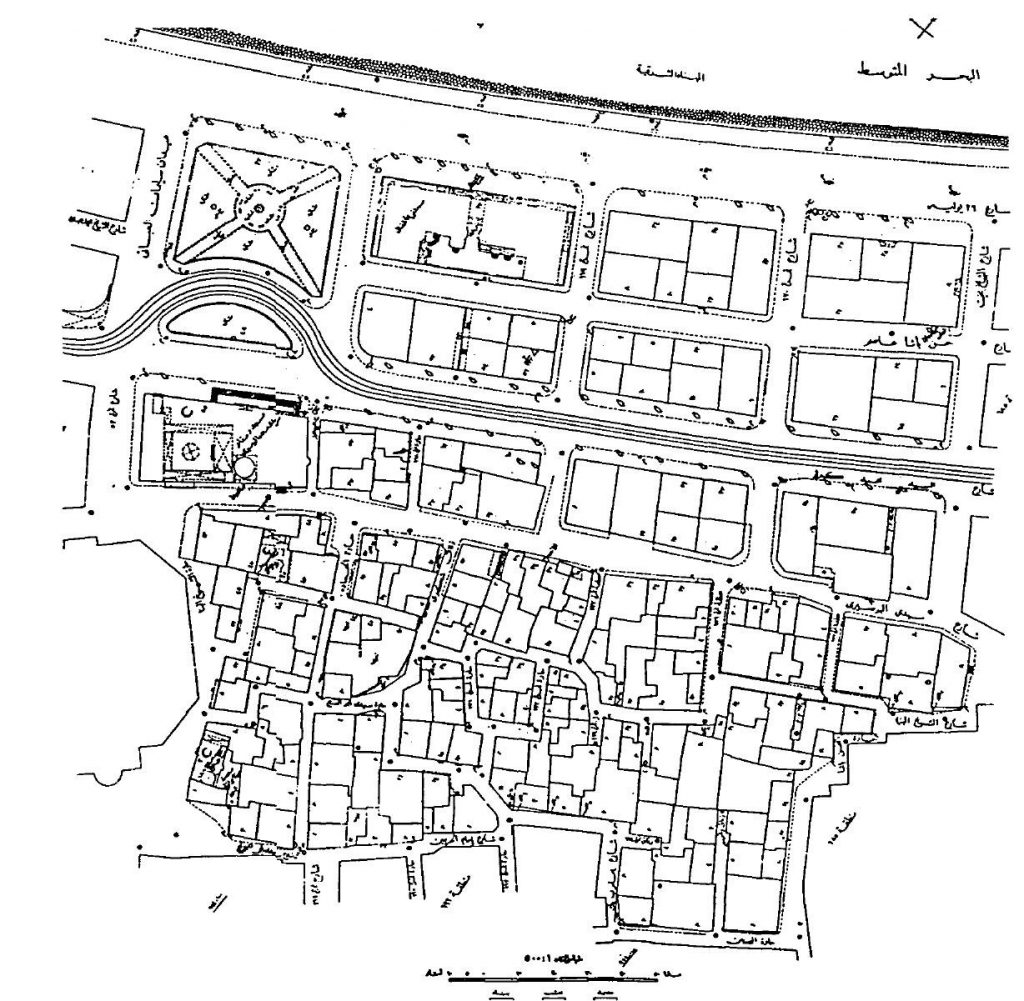 Figure 5. The contrast between the irregular fabric of the Turkish Town and the newer 20th century European development on the corniche. (Source: A.R.E. Department of Survey)