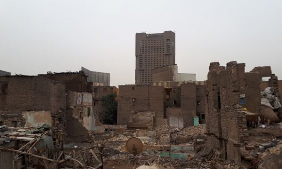 The Ramses Hilton (center) stands above demolished buildings of the Maspero Triangle  Photo: Ayat Al-Tawy