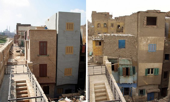 من صور البرنامج: أبنية سكنية قبل (يمين) وبعد (يسار) إعادة التأهيل