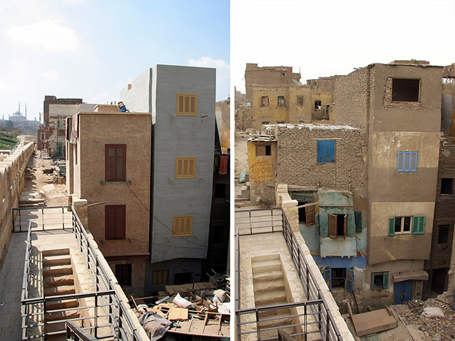 من صور البرنامج: أبنية سكنية قبل (يمين) وبعد (يسار) إعادة التأهيل 